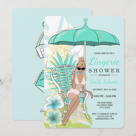 Blauw lingerie douche blonde bruid kaart (Voorkant / Achterkant)