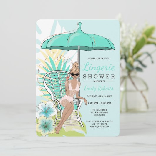 Blauw lingerie douche blonde bruid kaart (Staand voorkant)