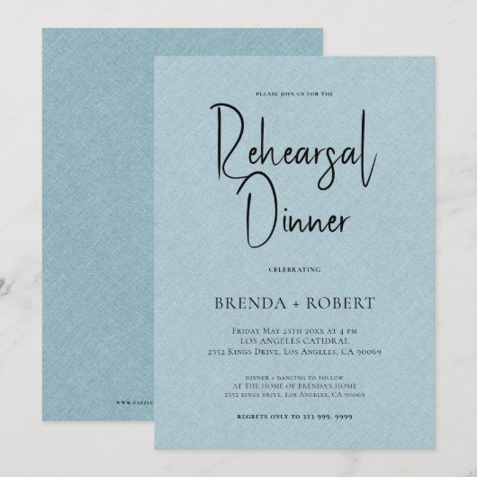 Blauw linnen Eenvoudig Zwart Script repetitie dine Kaart (Voorkant / Achterkant)