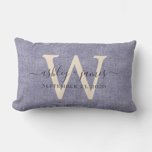 Blauw Linnen Ivoor Monogram Trouwherinnering Kussen (Voorkant)