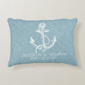 Blauw linnen print & witte boot anker decoratief kussen (Voorkant)