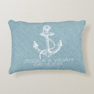 Blauw linnen print & witte boot anker decoratief kussen