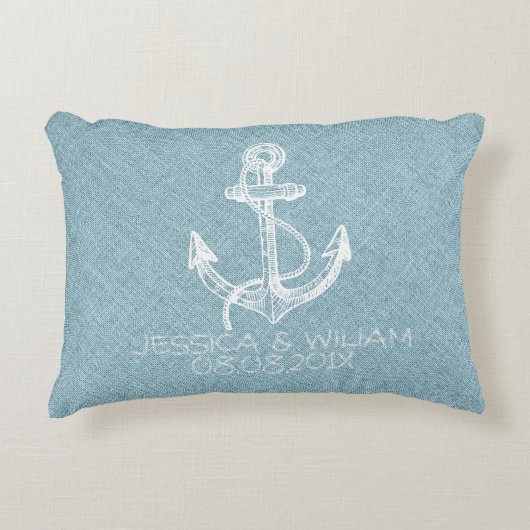 Blauw linnen print & witte boot anker decoratief kussen (Voorkant)