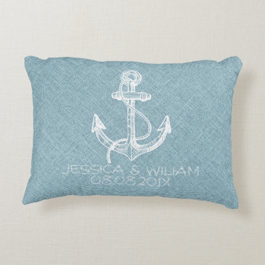 Blauw linnen print & witte boot anker decoratief kussen (Achterkant)