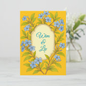 Blauw linnen rustieke bloemstijl bruiloft kaart (Staand voorkant)