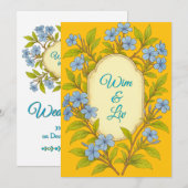 Blauw linnen rustieke bloemstijl bruiloft kaart (Voorkant / Achterkant)