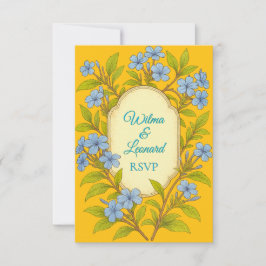 Blauw linnen rustieke bloemstijl bruiloft RSVP kaartje