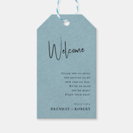 Blauw linnen Simple Script Welkom Trouwcadeau Tag Cadeaulabel