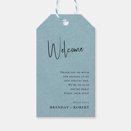 Blauw linnen Simple Script Welkom Trouwcadeau Tag Cadeaulabel (Voorkant)