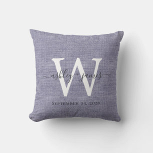 Blauw Linnen Witte Monogram Huwelijksaandenken Kussen