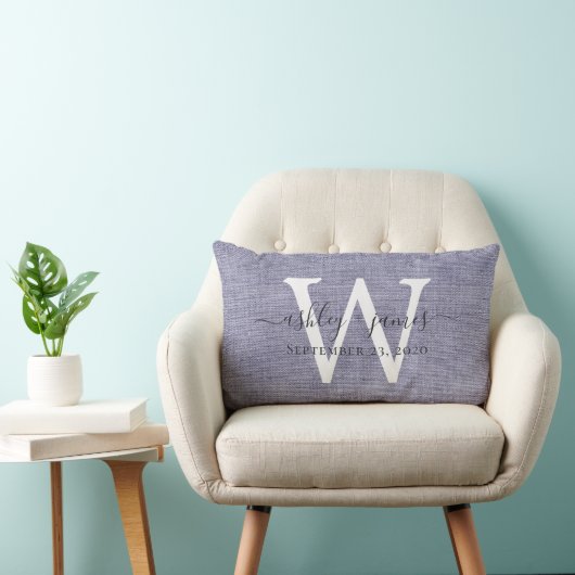 Blauw Linnen Witte Monogram Trouwherinnering Kussen (Stoel)