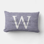 Blauw Linnen Witte Monogram Trouwherinnering Kussen (Voorkant)