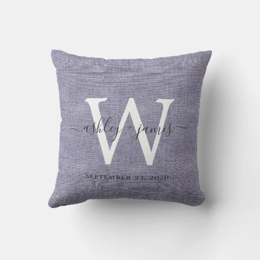 Blauw Linnen Witte Monogram Trouwherinnering Kussen (Achterkant)