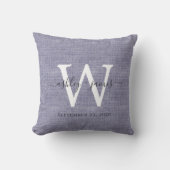 Blauw Linnen Witte Monogram Trouwherinnering Kussen (Voorkant)