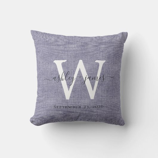 Blauw Linnen Witte Monogram Trouwherinnering Kussen (Voorkant)