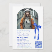 Blauw lint Accent Dubbel‑Foto QR Code Kaart (Achterkant)