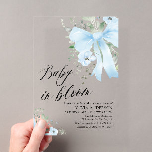 Blauw lint baby in bloei bloemengeboren jongens ba acryl uitnodigingen