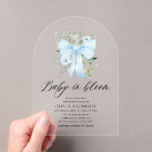 Blauw lint baby in bloei bloemenkleuren jongens ba acryl uitnodigingen
