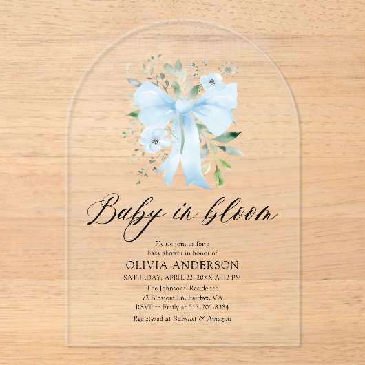 Blauw lint baby in bloei bloemenkleuren jongens ba acryl uitnodigingen (Voorkant)