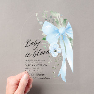 Blauw lint baby in bloei bloemenkraam voor jongen acryl uitnodigingen