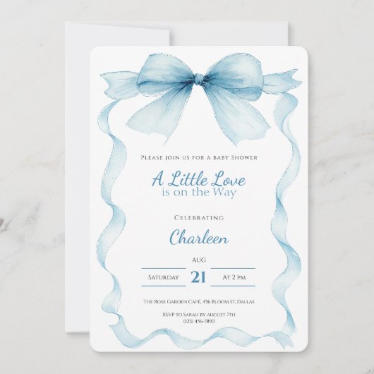 Blauw lint baby shower uitnodiging Coquette (Voorkant)