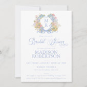 Blauw lint Bloemen Crest Bruids Douche Uitnodiging (Voorkant)