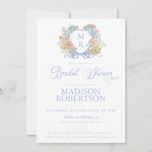 Blauw lint Bloemen Crest Bruids Douche Uitnodiging (Voorkant)