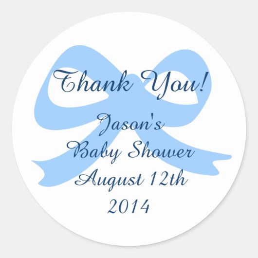 Blauw lint boog dank u stickers voor baby shower (Voorkant)