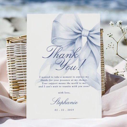 Blauw lint bruidsfeest bedankkaart