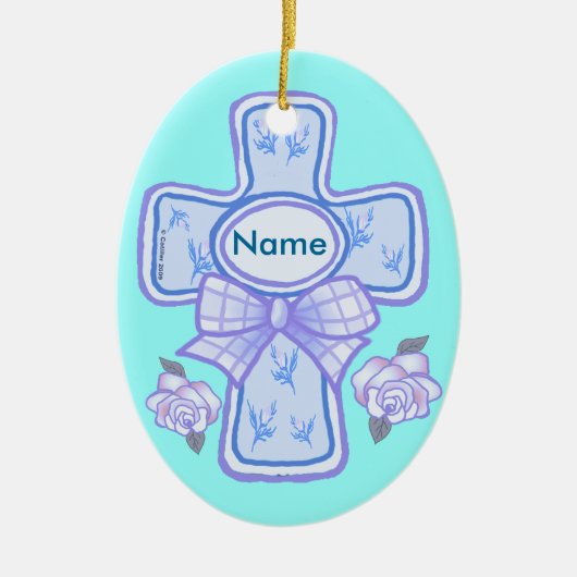Blauw lint christelijk kruis ornament (Voorkant)