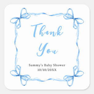 Blauw lint coquette babyshower bedankt vierkante sticker