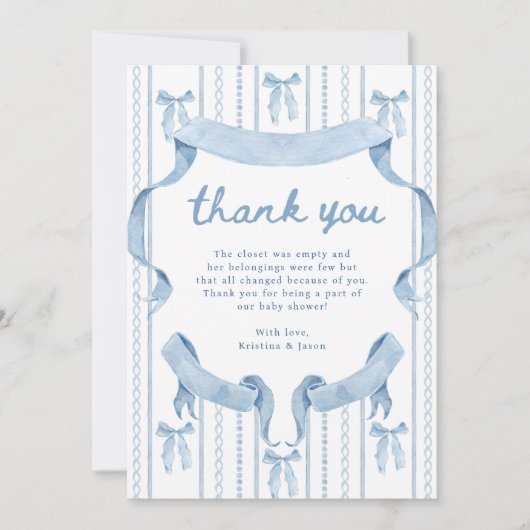 Blauw lint Coquette Blauwe Jongen baby Shower Bedankkaart (Voorkant)