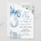 Blauw lint Coquette jongen babyshower uitnodiging (Voorkant)
