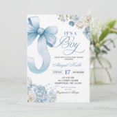 Blauw lint Coquette jongen babyshower uitnodiging (Staand voorkant)