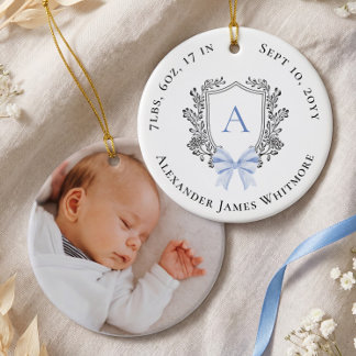 Blauw lint crest baby monogram geboorte statistiek keramisch ornament