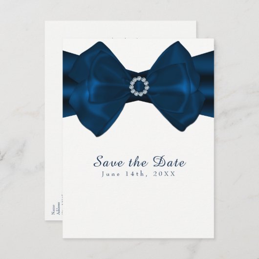 Blauw lint & Diamanten Elegante Glam Bewaar de dat Aankondigingskaart (Voorkant / Achterkant)