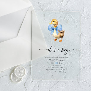 Blauw lint eend jongen baby shower acryl uitnodigingen