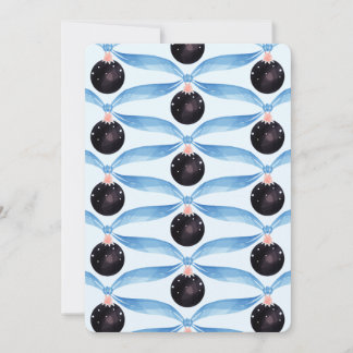 Blauw lint en zwart ornament kerstkaart