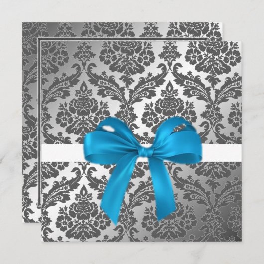 blauw lint en zwarte damast uitnodiging (Voorkant / Achterkant)