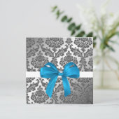 blauw lint en zwarte damast uitnodiging (Staand voorkant)