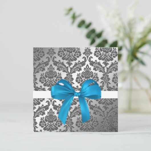 blauw lint en zwarte damast uitnodiging (Staand voorkant)