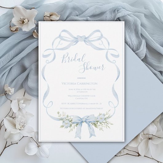 Blauw lint frame elegante boog bruidsdouche kaart