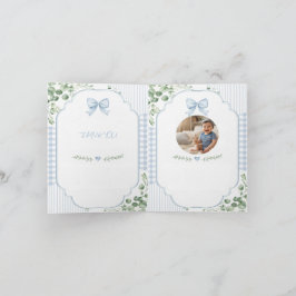 Blauw lint geruite groene baby shower foto bedankkaart