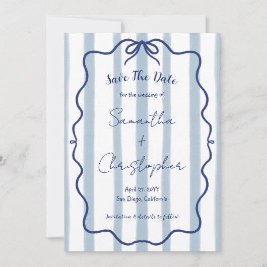 Blauw lint golvend kader whimsical bruiloft save the date (Voorkant)