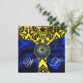 BLAUW LINT GOUD GEEL ZWART DAMAST MONOGRAM KAART (Staand voorkant)