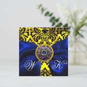 BLAUW  LINT GOUD GEEL  ZWART  DAMAST MONOGRAM KAART (Staand voorkant)
