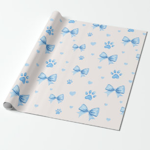 Blauw Lint, Hart & Poot Print Patroon op Wit Cadeaupapier