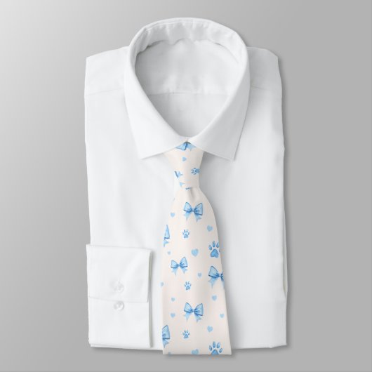 Blauw Lint, Hart & Poot Print Patroon op Wit Stropdas (Gebonden)