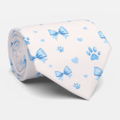 Blauw Lint, Hart & Poot Print Patroon op Wit Stropdas (Opgerold)
