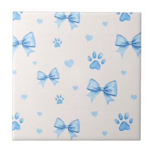 Blauw Lint, Hart & Poot Print Patroon op Wit Tegeltje
